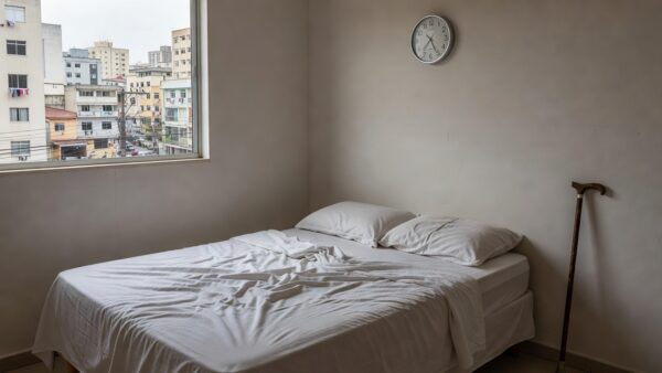 Quarto simples brasileiro com cama e bengala representando risco de mobilidade por sono excessivo em idosos