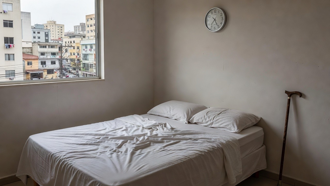 Quarto simples brasileiro com cama e bengala representando risco de mobilidade por sono excessivo em idosos