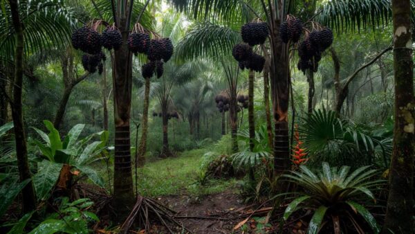 Açaizal na Amazônia em Belém com frutos maduros, simbolizando bioeconomia e inovação do açaí