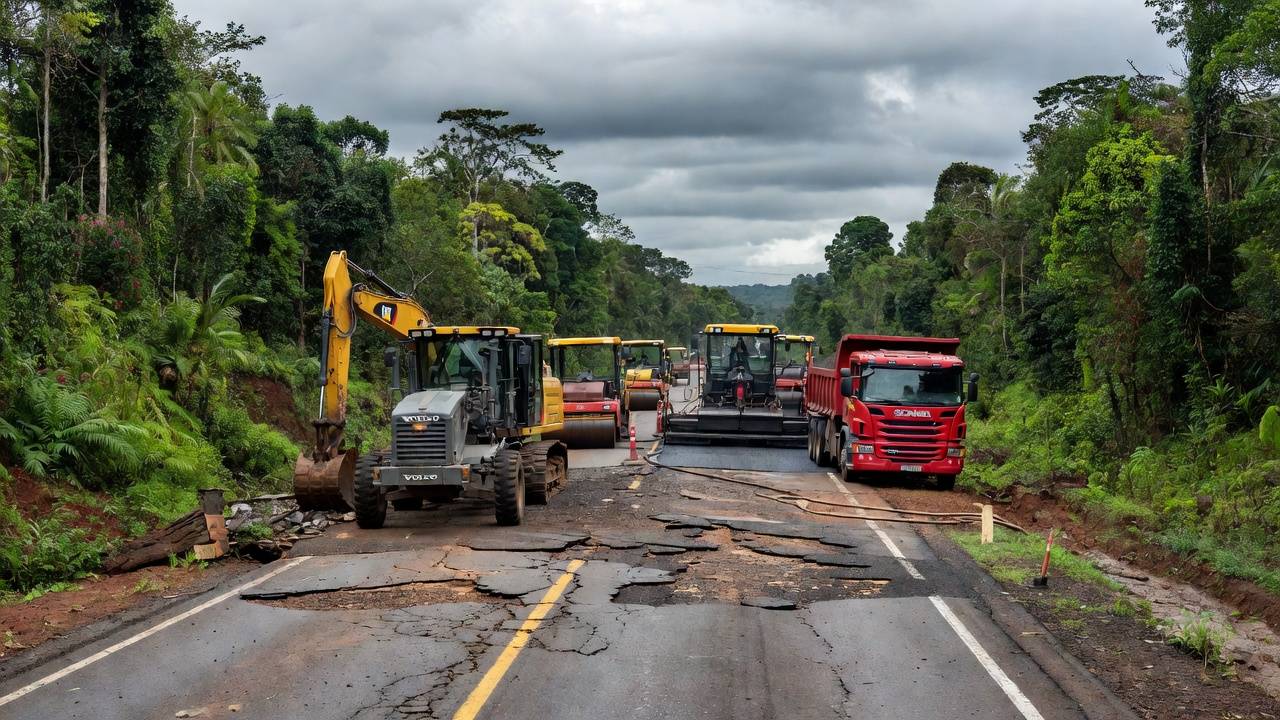 Obras emergenciais com máquinas na BR-364 em Rondônia