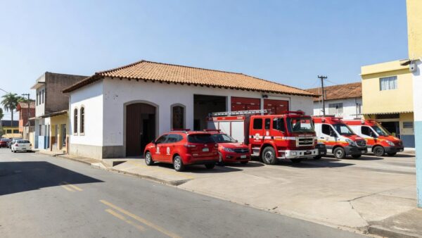 Estação do Corpo de Bombeiros com viaturas vermelhas no Brasil