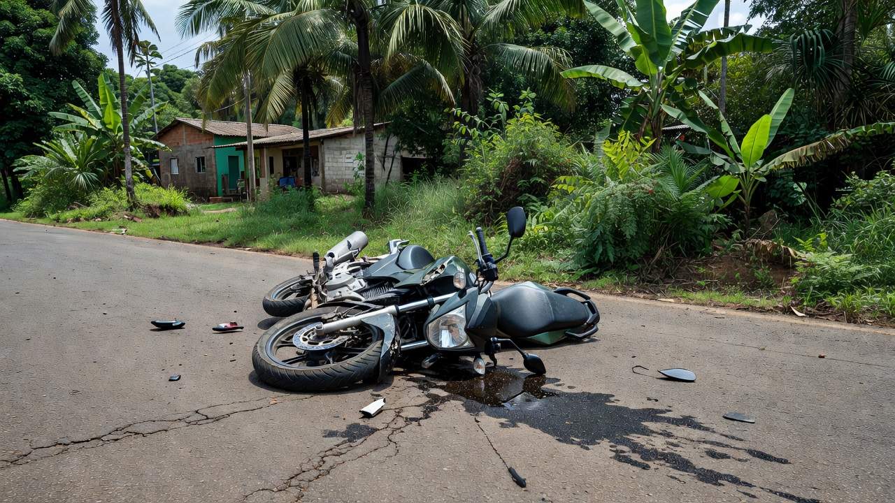 Motocicleta danificada em cena de acidente em Vilhena, Rondônia