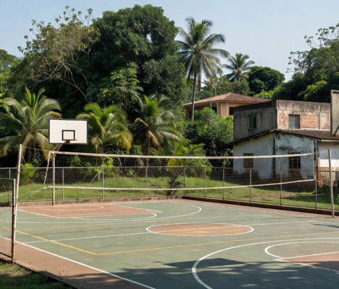 Quadra poliesportiva em Vilhena, Rondônia, com vegetação amazônica ao fundo
