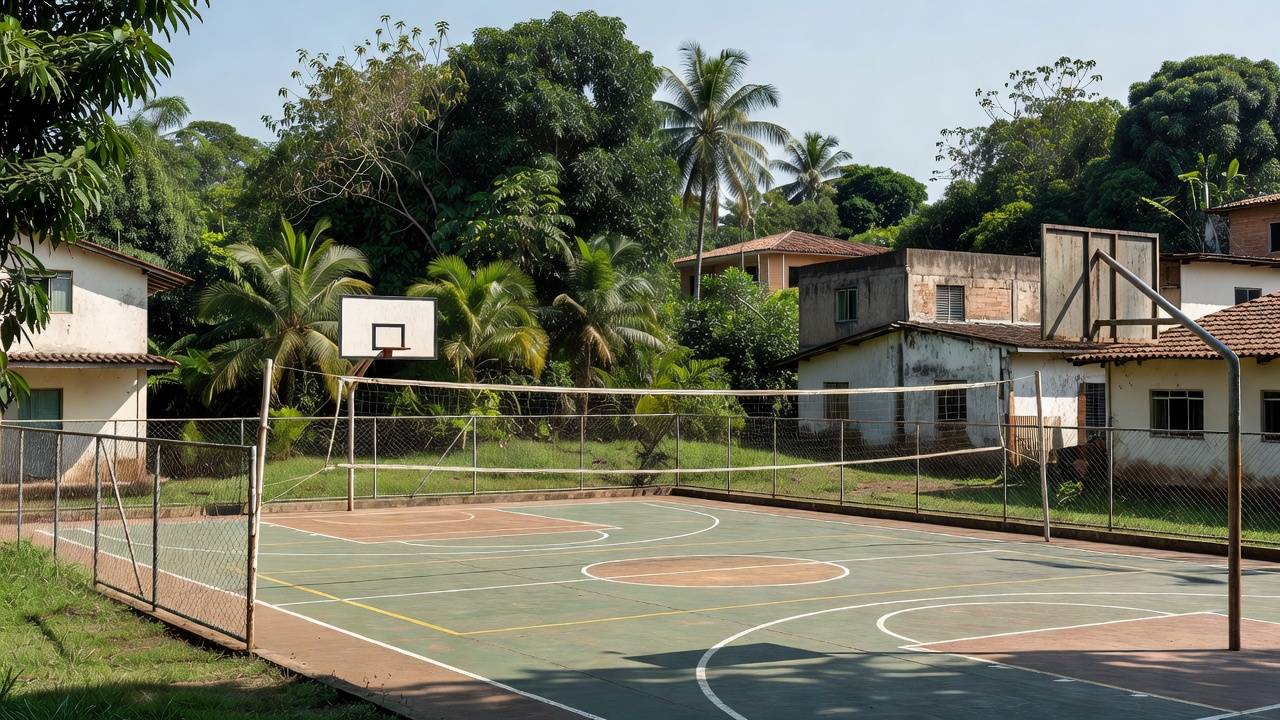 Quadra poliesportiva em Vilhena, Rondônia, com vegetação amazônica ao fundo