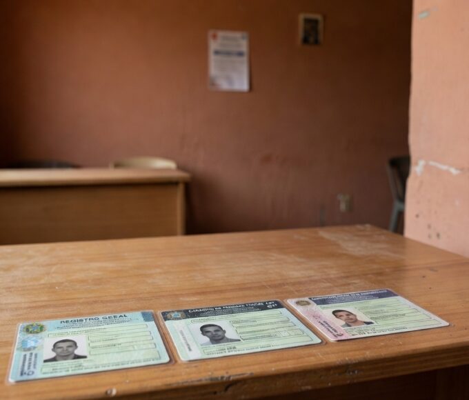 Prédio público em Vilhena com documentos RG, CPF e CNH sobre mesa de atendimento