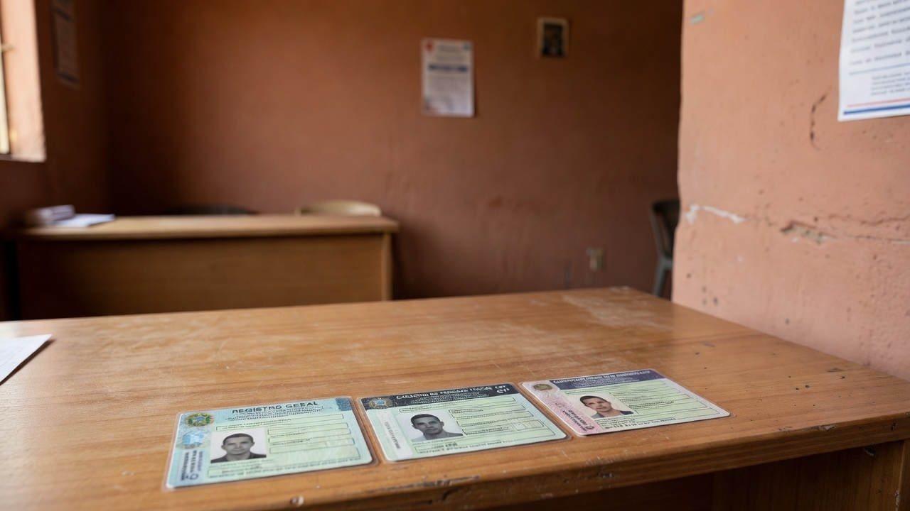 Prédio público em Vilhena com documentos RG, CPF e CNH sobre mesa de atendimento