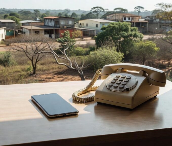 Telefones celular e fixo sobre mesa representando contatos de emergência em Vilhena