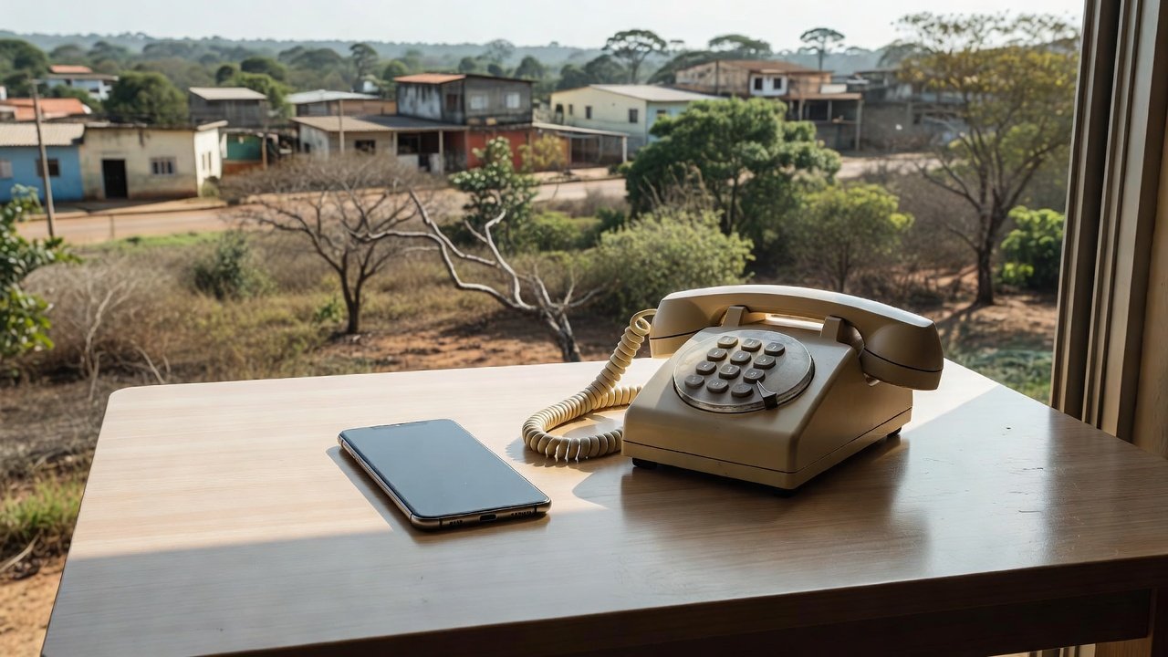 Telefones celular e fixo sobre mesa representando contatos de emergência em Vilhena