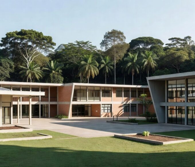 Escola em Vilhena, Rondônia, com arquitetura brasileira e área verde, representando opções educacionais