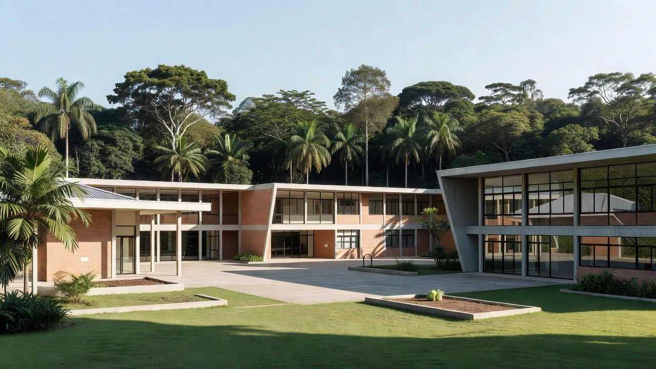 Escola em Vilhena, Rondônia, com arquitetura brasileira e área verde, representando opções educacionais