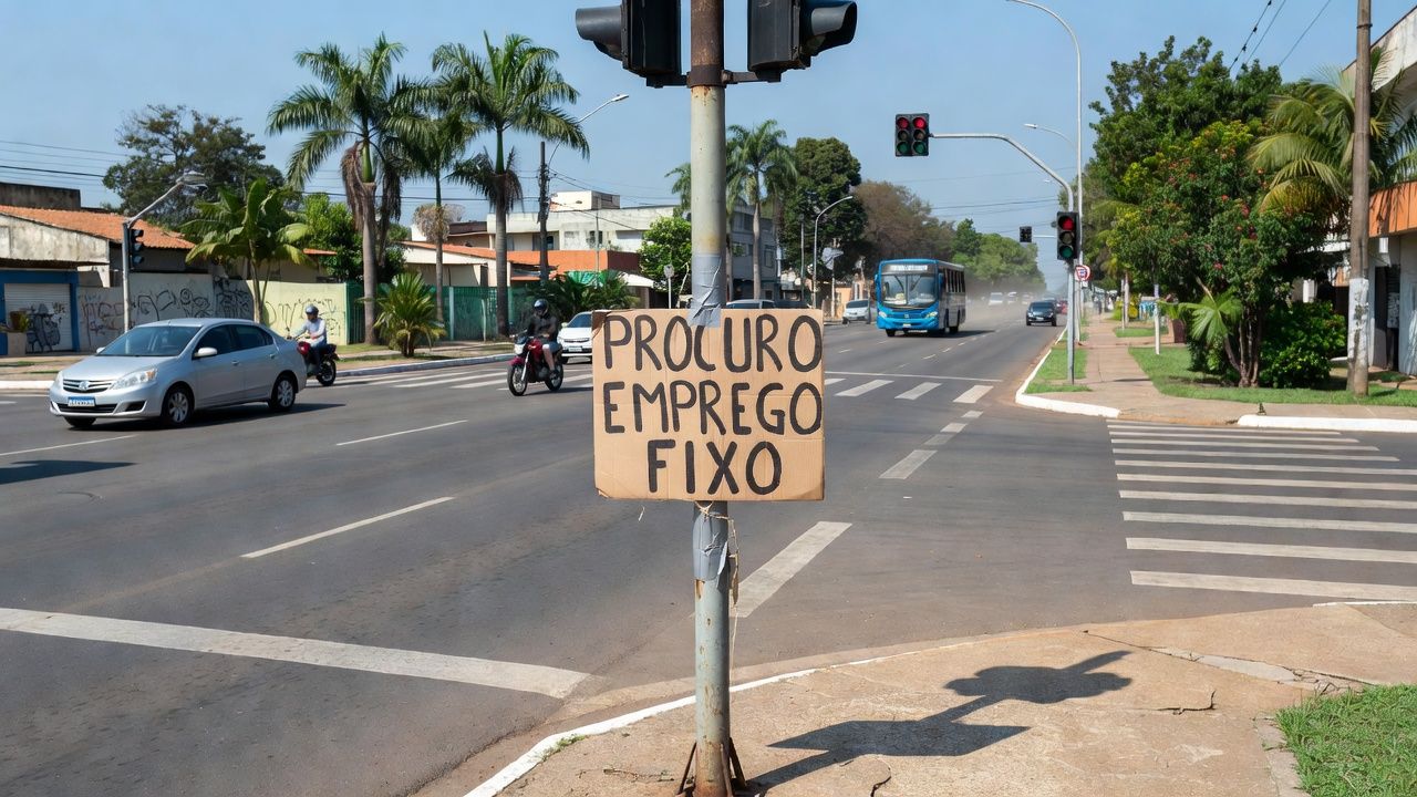 Semáforo em Vilhena com cartaz pedindo emprego