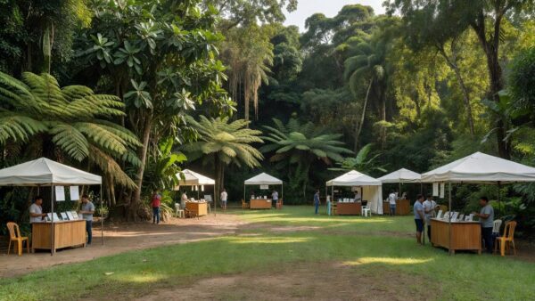 Praça em Porto Velho com serviços gratuitos reunindo famílias em evento comunitário