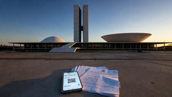 Smartphone com Pix e documentos de pensão alimentícia em frente ao Congresso Nacional