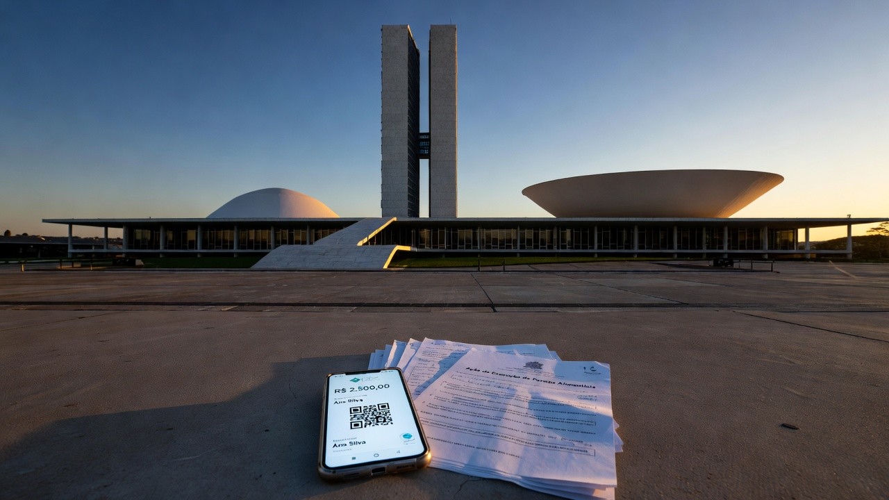 Smartphone com Pix e documentos de pensão alimentícia em frente ao Congresso Nacional