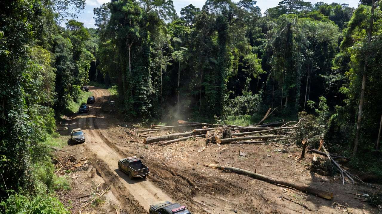 Viaturas da Polícia Federal em terra indígena de Rondônia durante operação contra extração ilegal