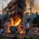 Subestação da Axia Energia em Vilhena com transformador em chamas após explosão