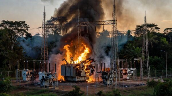 Subestação da Axia Energia em Vilhena com transformador em chamas após explosão
