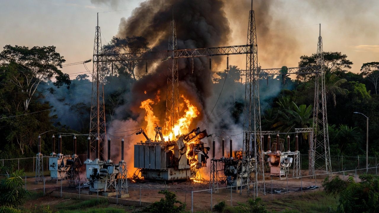Subestação da Axia Energia em Vilhena com transformador em chamas após explosão