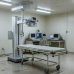 Equipamento de raio-X em sala de radiologia de hospital regional brasileiro