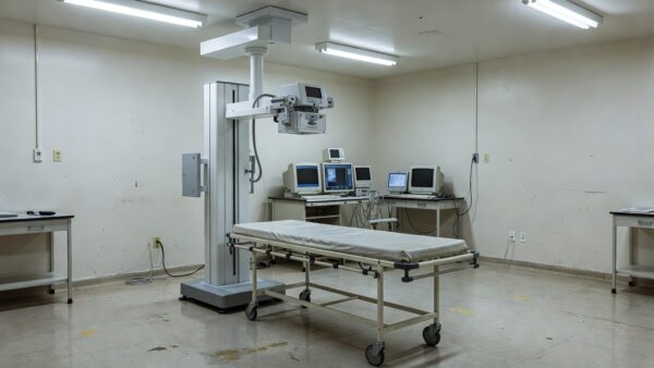 Equipamento de raio-X em sala de radiologia de hospital regional brasileiro