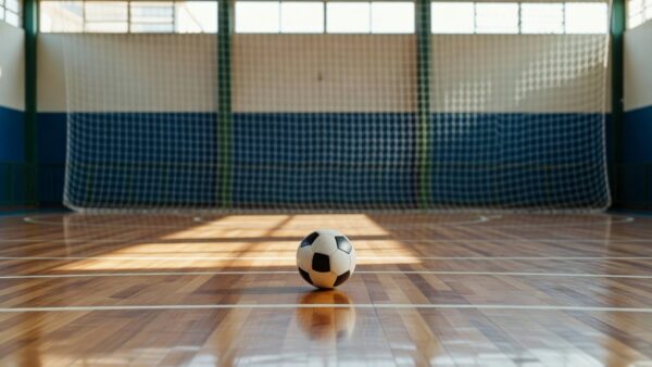 Quadra de futsal indoor com bola representando inscrições JAVs 2026