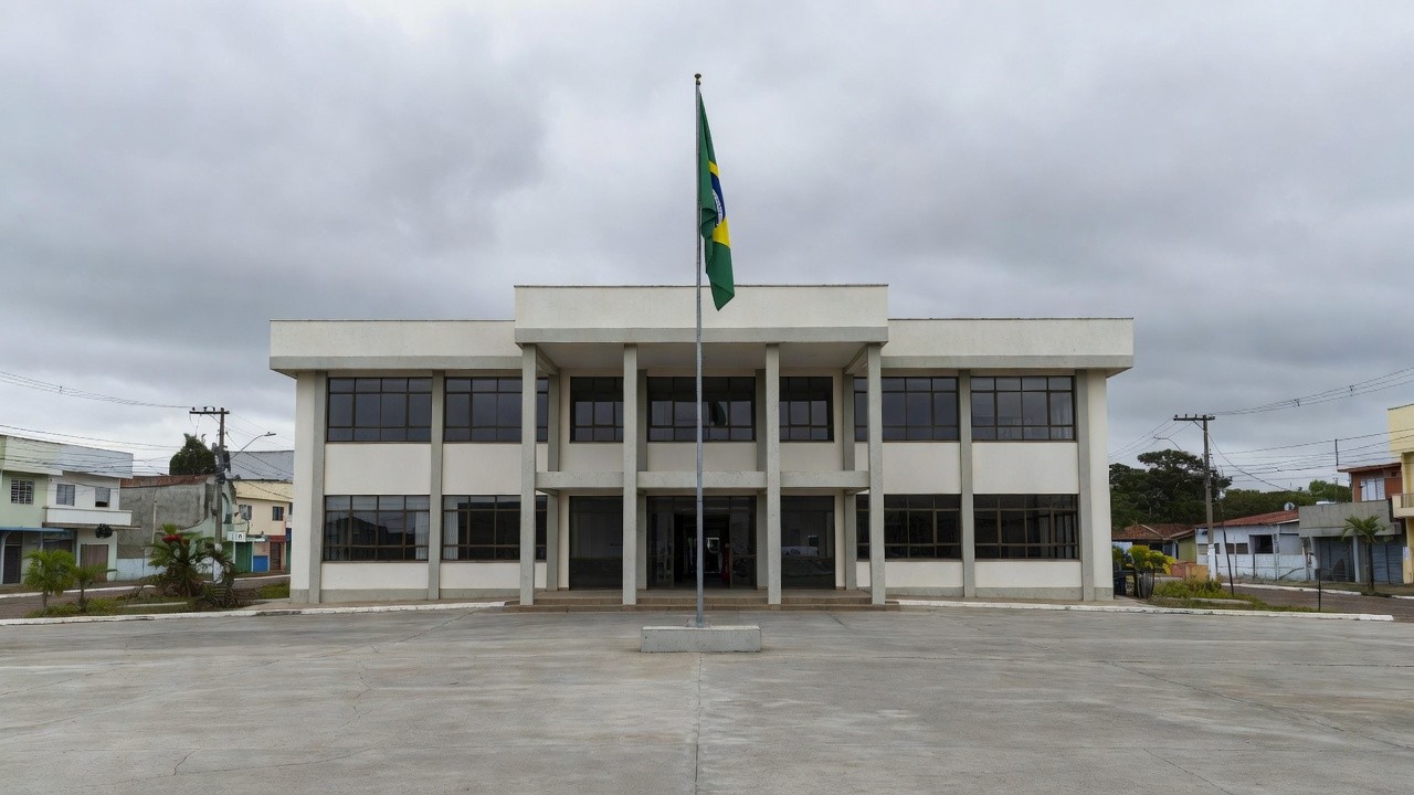 Fachada da Prefeitura de Vilhena com bandeira a meio-mastro
