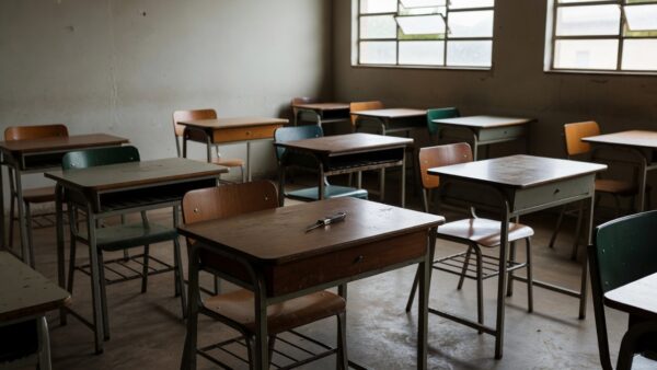 Sala de aula em escola de Porto Velho com canivete sobre carteira
