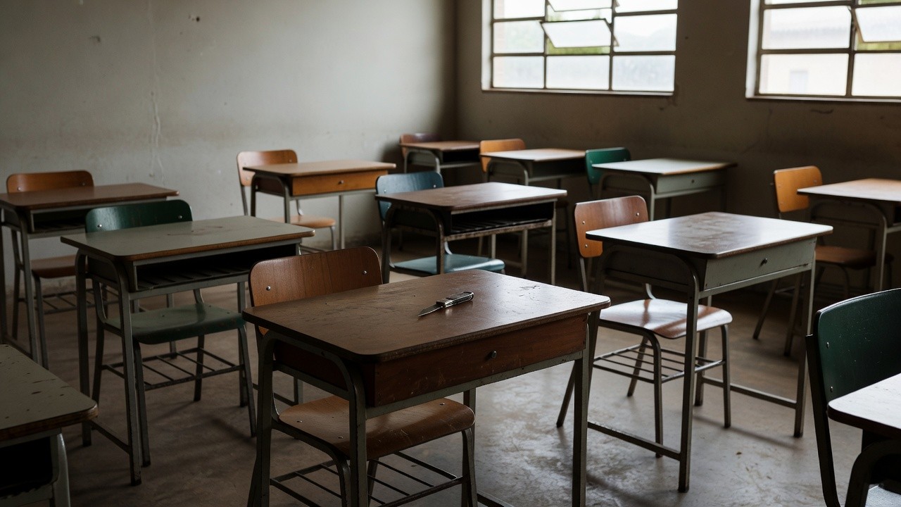 Sala de aula em escola de Porto Velho com canivete sobre carteira