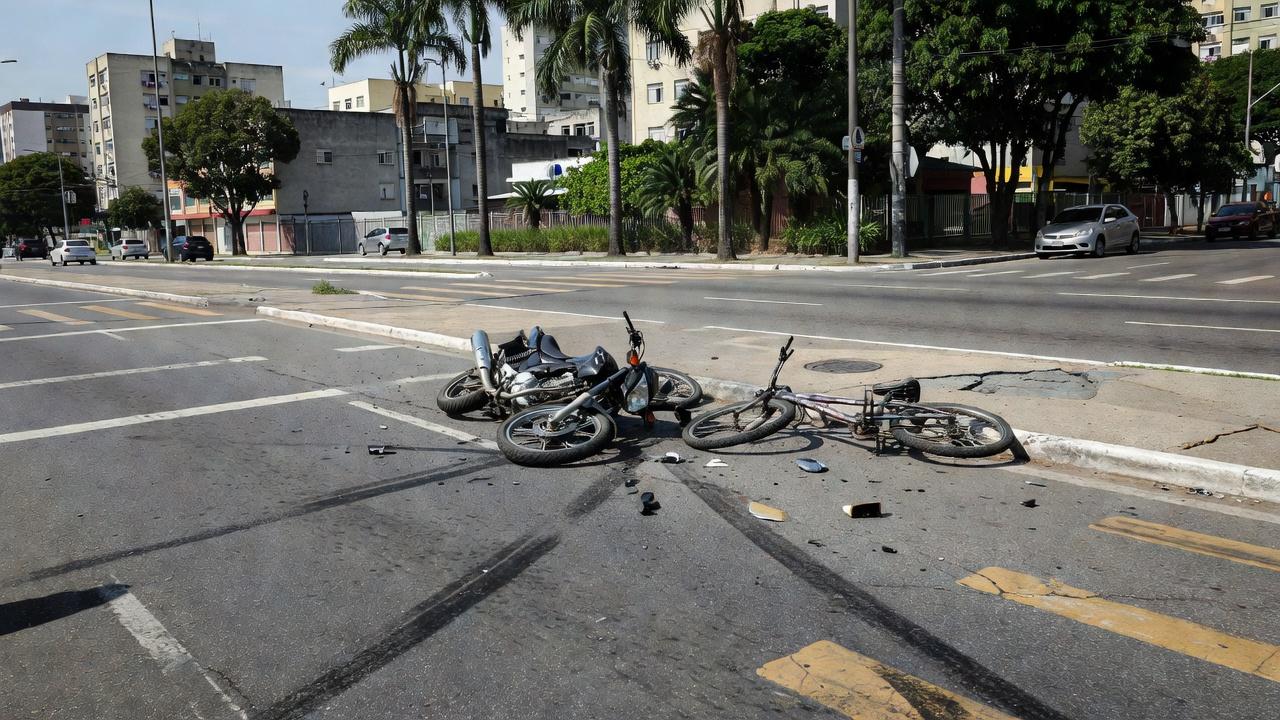 Acidente entre moto e bicicleta na Avenida Melvin Jones com veículos danificados