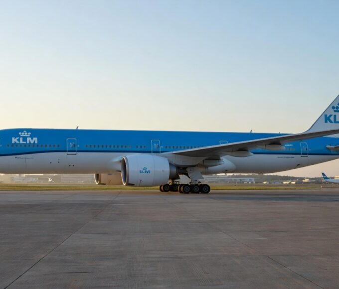 Avião da KLM em pista de aeroporto no Brasil simbolizando carreira de copiloto