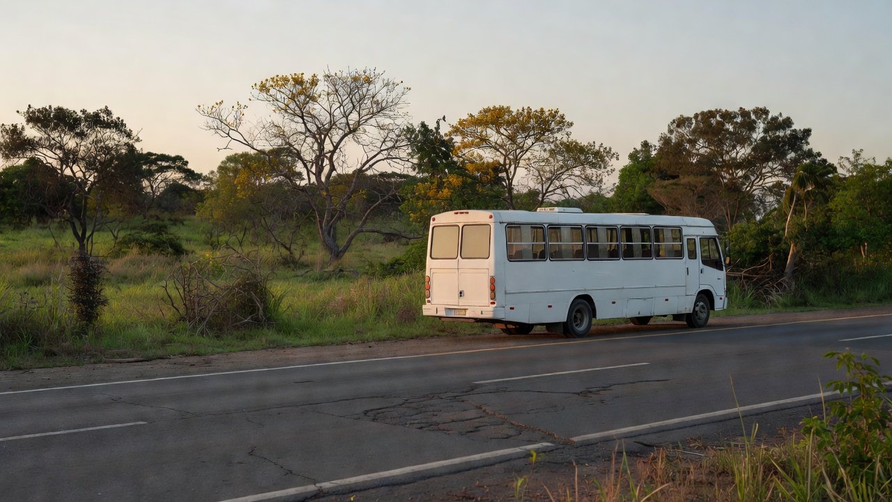 Ônibus de pacientes em estrada brasileira após tratamento de câncer