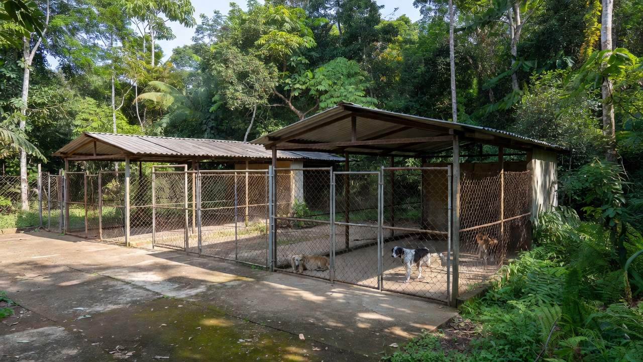 Canil Municipal de Vilhena com cercados para cães em área tropical de Rondônia