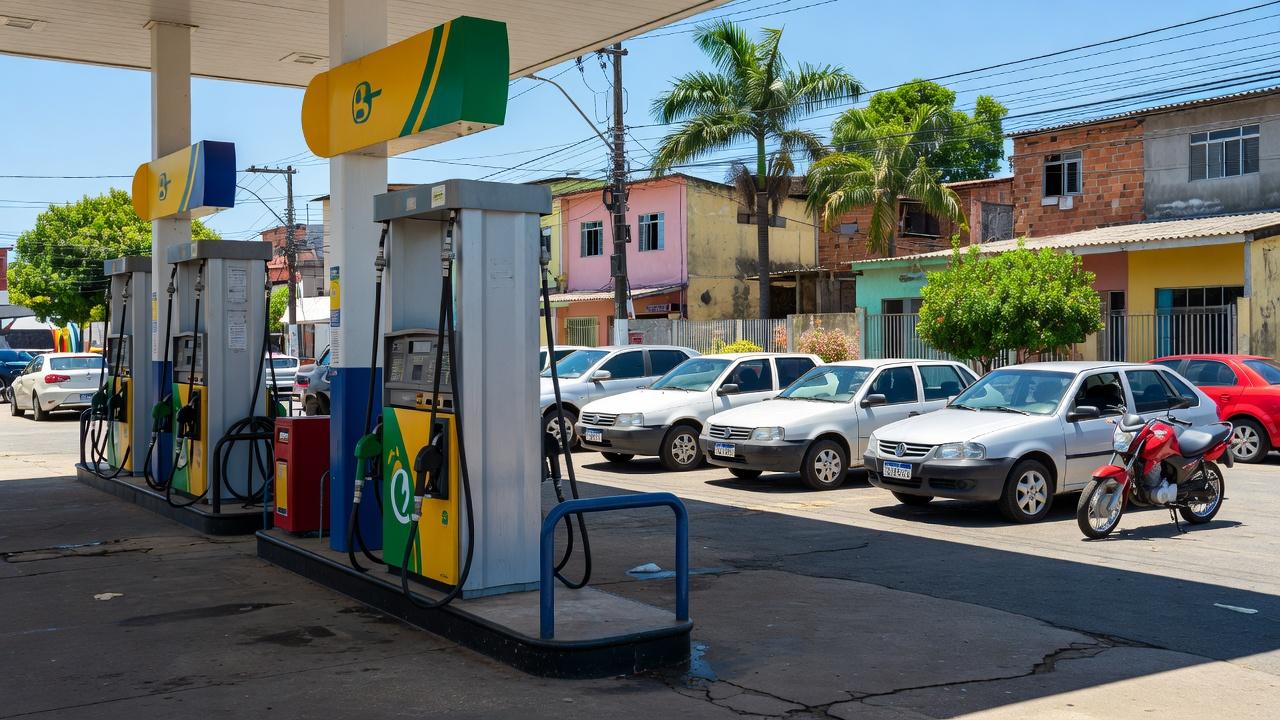Posto de gasolina no Brasil com bombas representando mistura de etanol na gasolina