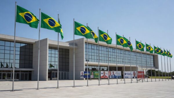 Fachada da Assembleia Legislativa de Rondônia com bandeiras do Brasil