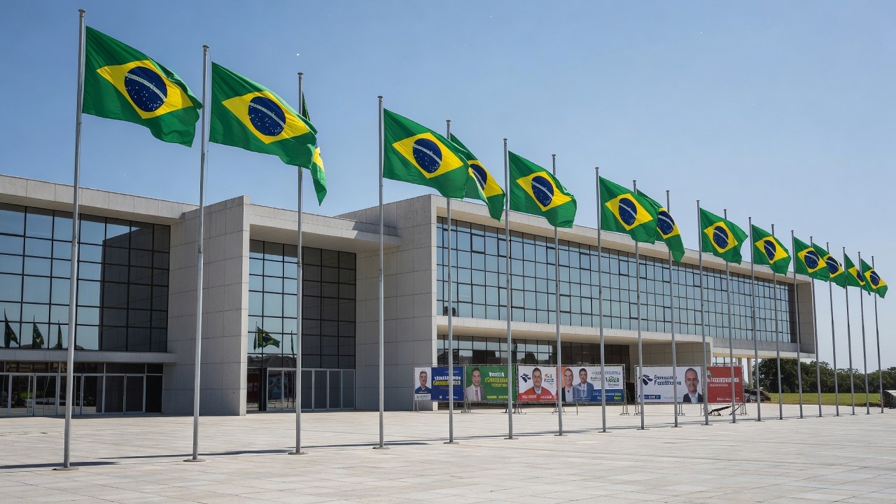 Fachada da Assembleia Legislativa de Rondônia com bandeiras do Brasil