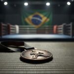 Medalha de bronze em tatame de karatê com bandeira do Brasil