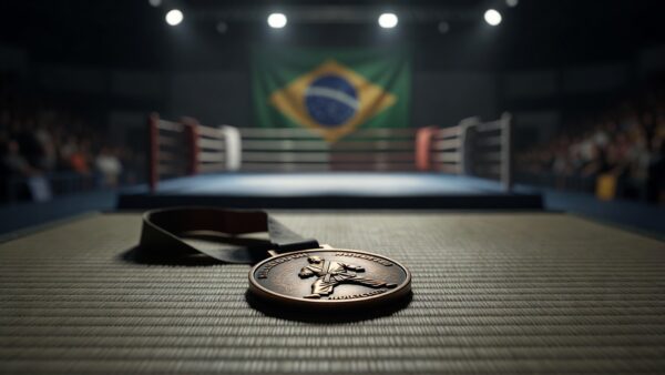 Medalha de bronze em tatame de karatê com bandeira do Brasil