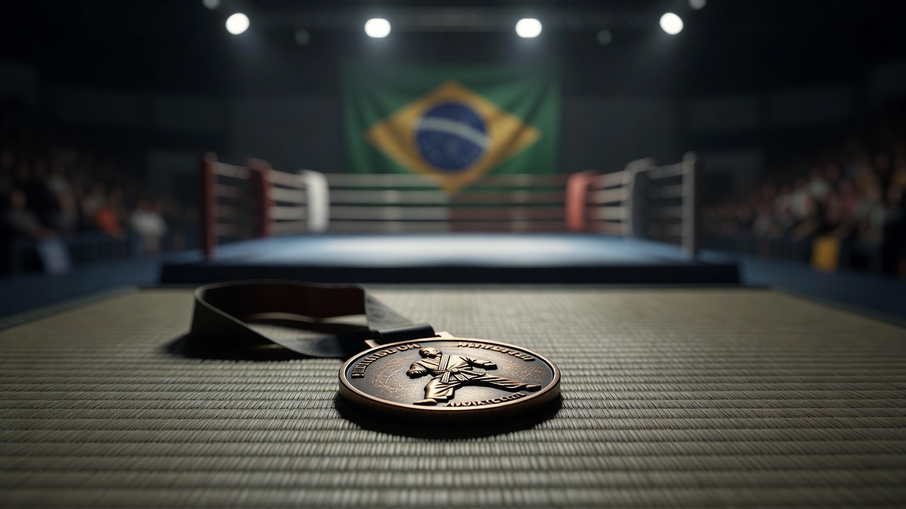 Medalha de bronze em tatame de karatê com bandeira do Brasil