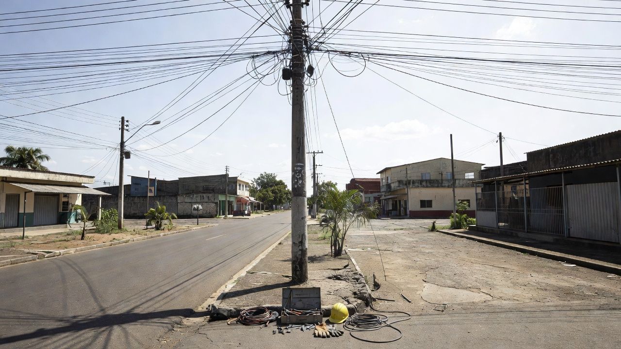 Fios elétricos em poste no centro de Porto Velho representando acidente de trabalho