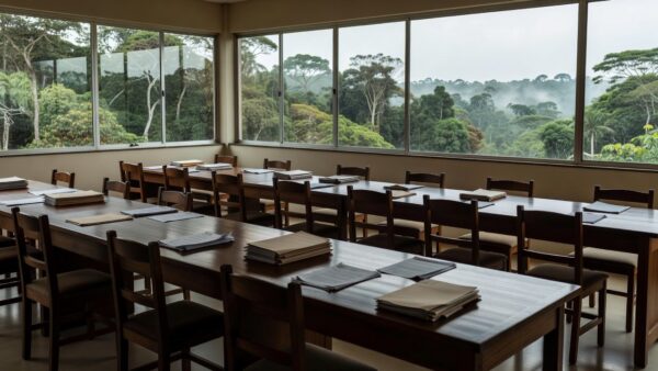 Sala de reuniões do TCE-RO em Rondônia com mesas e documentos para encontro técnico
