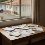 Contas e documentos financeiros em casa brasileira simbolizando endividamento familiar
