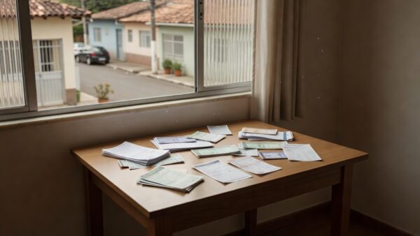 Contas e documentos financeiros em casa brasileira simbolizando endividamento familiar