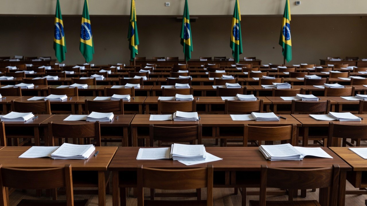 Sala de convenção do MDB com bandeiras do Brasil e documentos