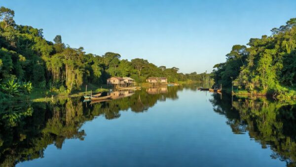 Vista do Rio Madeira em Porto Velho com vegetação amazônica e casas ribeirinhas