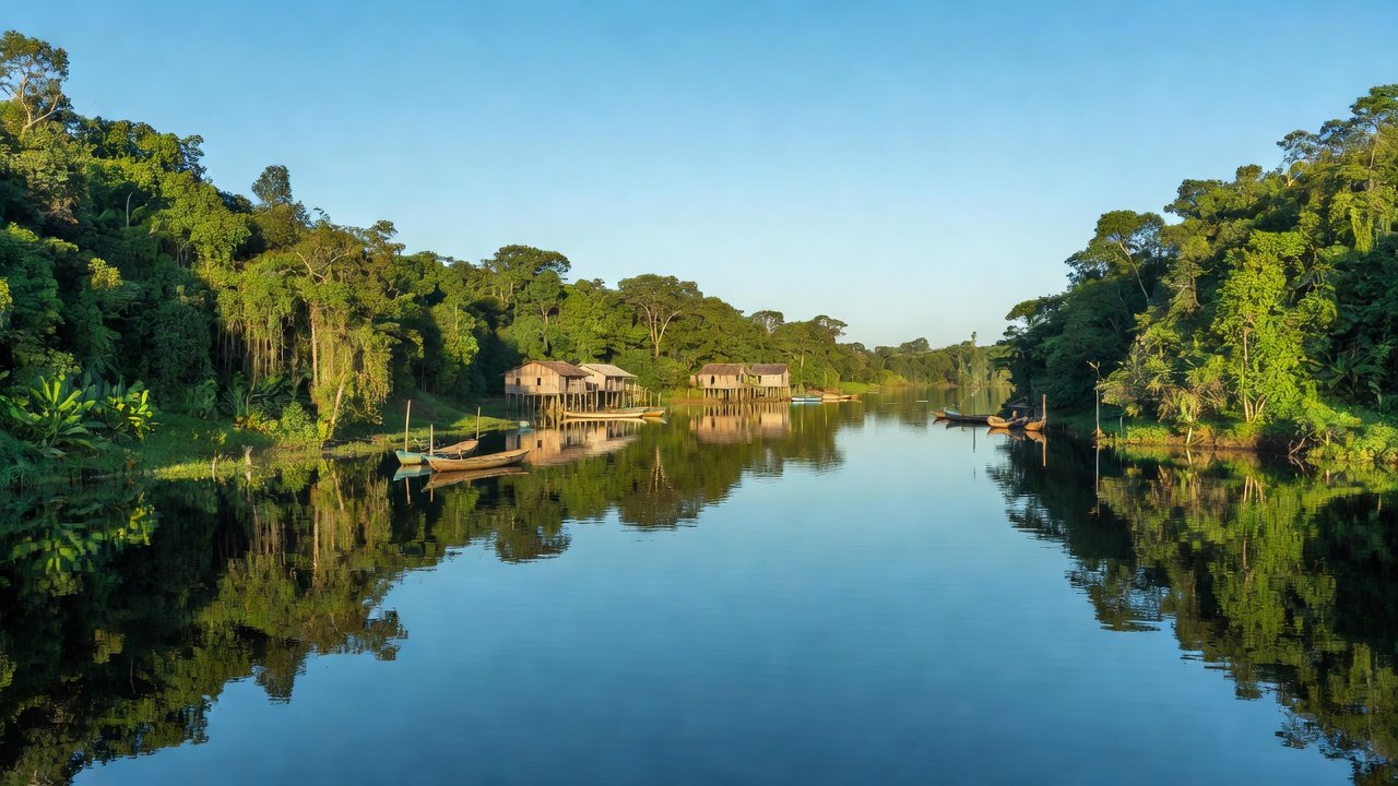 Vista do Rio Madeira em Porto Velho com vegetação amazônica e casas ribeirinhas