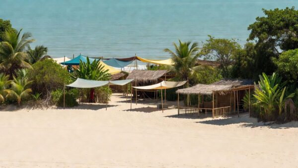 Praia de Pimenteiras do Oeste com estrutura do festival esperando 20 mil turistas