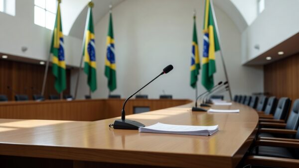 Mesa com microfone e bandeiras do Brasil em sala de assembleia legislativa