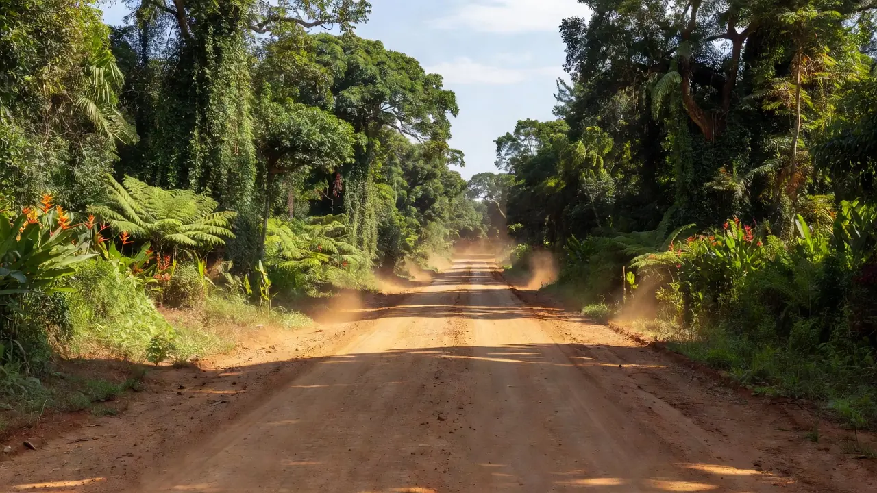 Rodovia de terra batida em área rural de Rondônia, Brasil