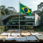 Fachada da Justiça Federal em Rondônia com documentos, sobre contratações temporárias em Pimenteiras do Oeste