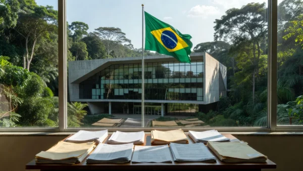 Fachada da Justiça Federal em Rondônia com documentos, sobre contratações temporárias em Pimenteiras do Oeste